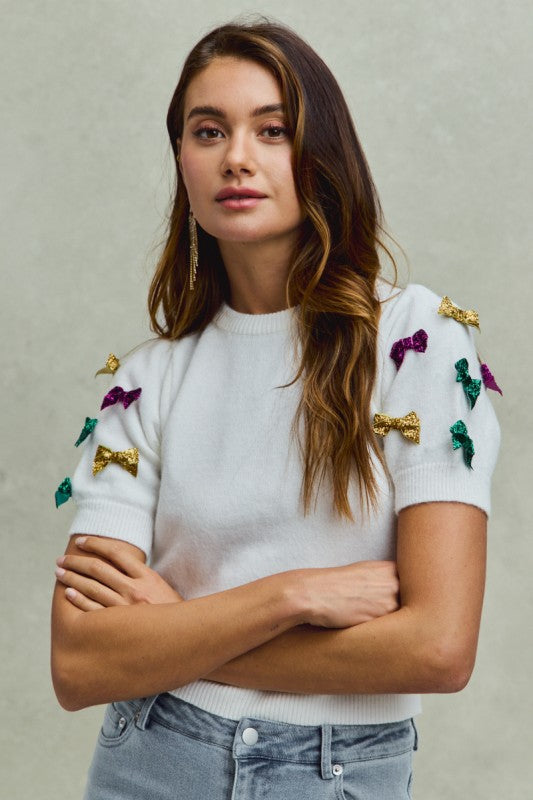 Mardi Gras Glitter Ribbon Puff Sleeve Top