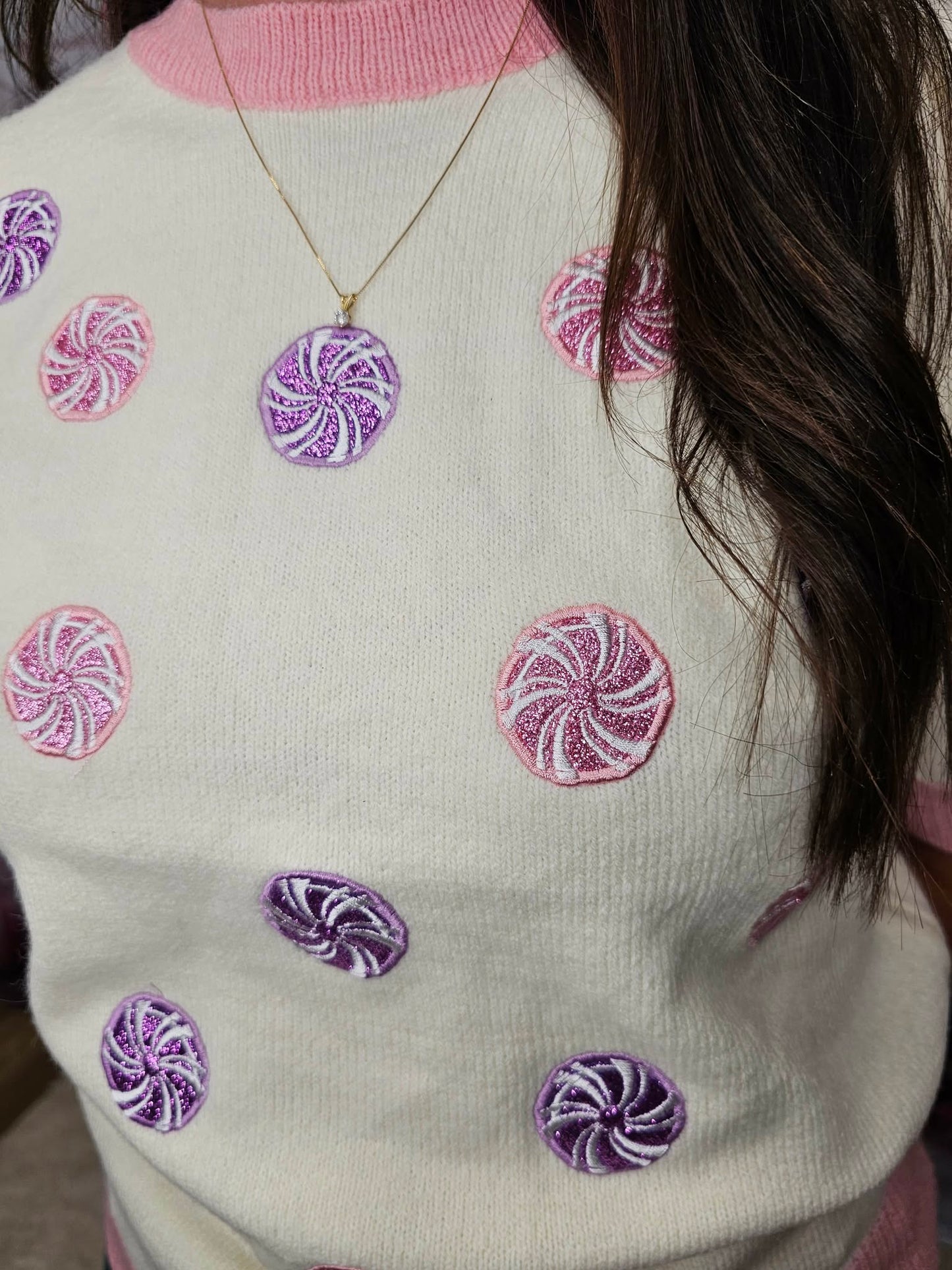 Glitter Peppermints on Puff Sleeve Knit Top