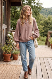 Henley Balloon Sleeve Sweater Top