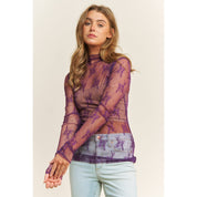 MESH LACE HIGH NECK DESIGN LONG SLEEVE FITTED TOP