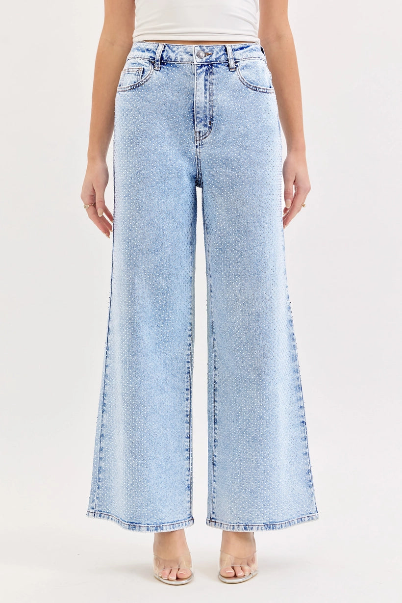 ALL OVER RHINESTONE- Wide Leg Denim