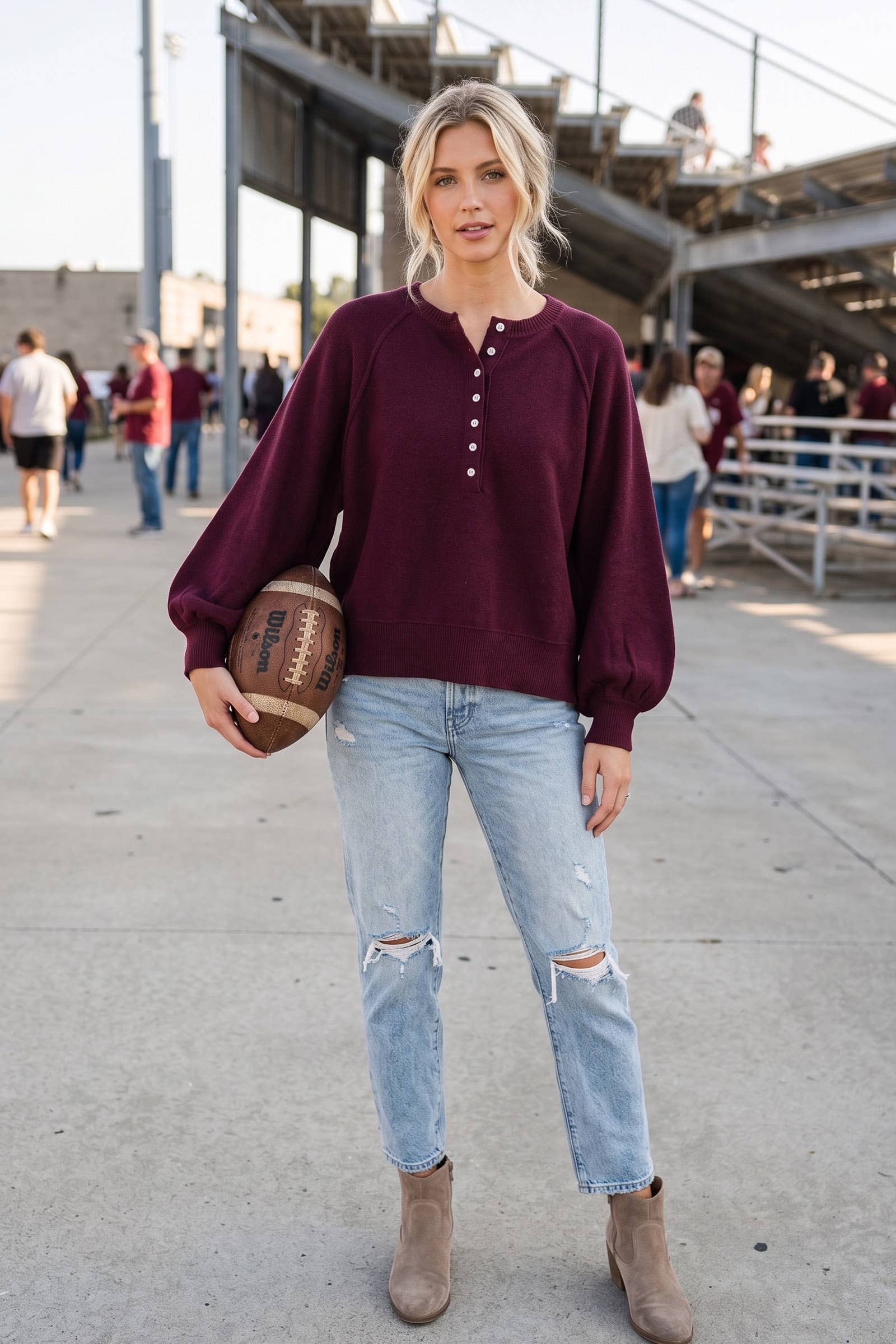 Henley Balloon Sleeve Sweater Top