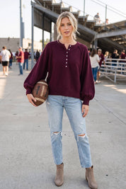 Henley Balloon Sleeve Sweater Top