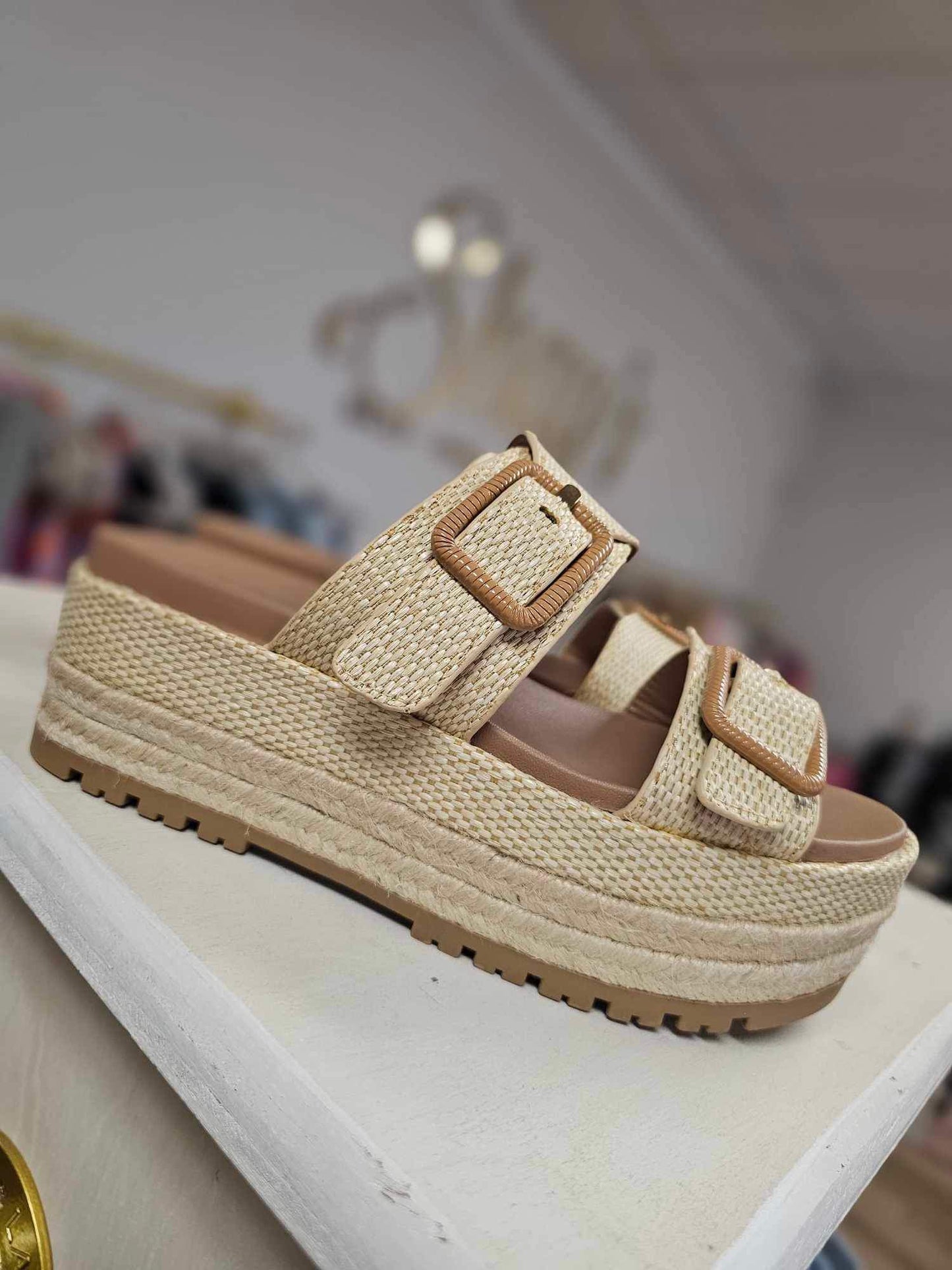 Funny- Natural Raffia 2 Buckle Platform