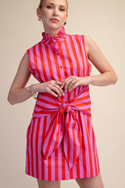 Ruffle Neck Sleeveless Waist Tie Detail Stripe Dress