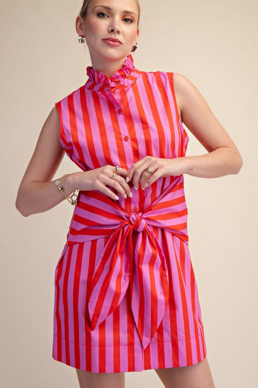 Ruffle Neck Sleeveless Waist Tie Detail Stripe Dress