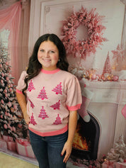 Glitter Trees on Puff Sleeve Knit Top