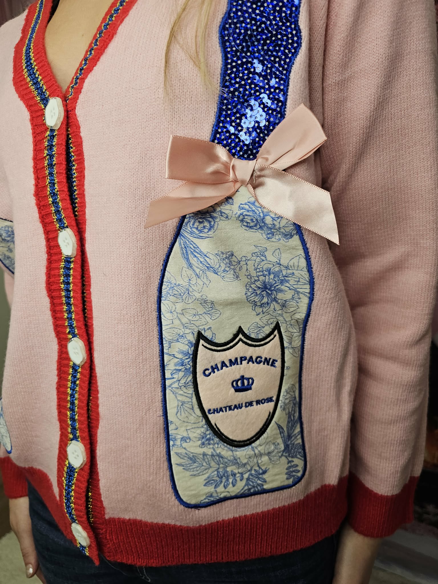 Pink Cardigan with Champagne Bottle Patches