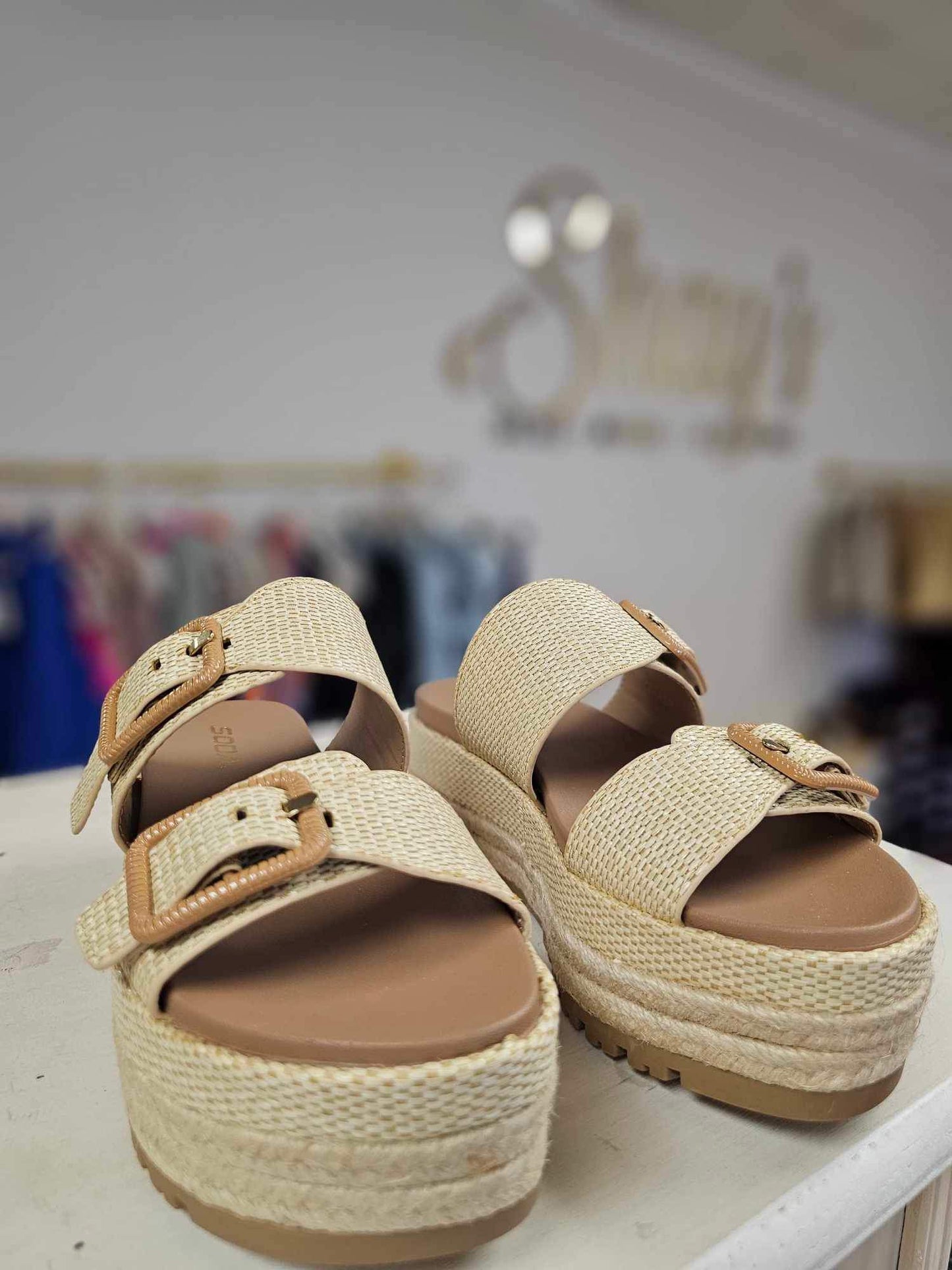 Funny- Natural Raffia 2 Buckle Platform