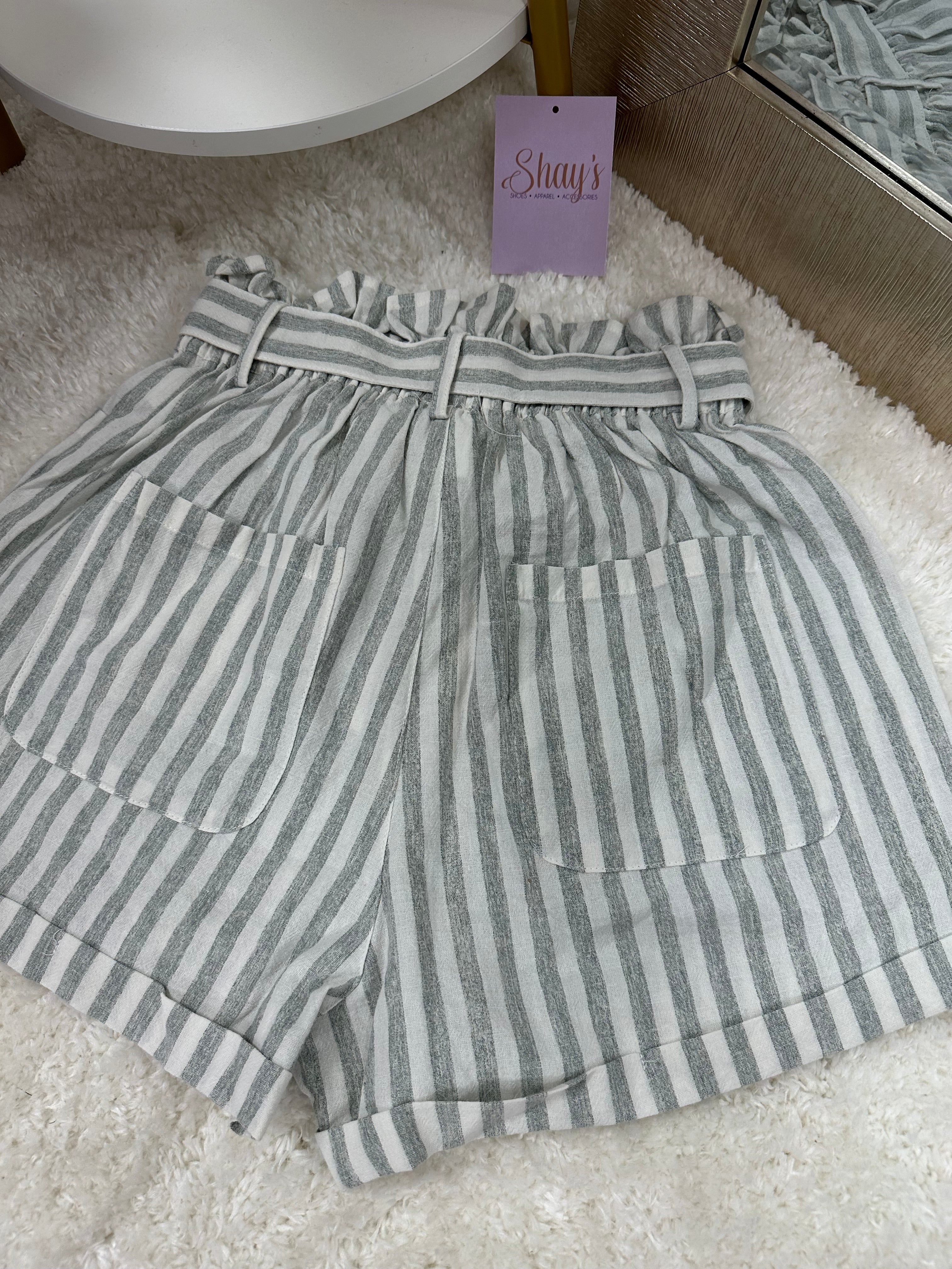 Striped Cotton Elastic Shorts - Green
