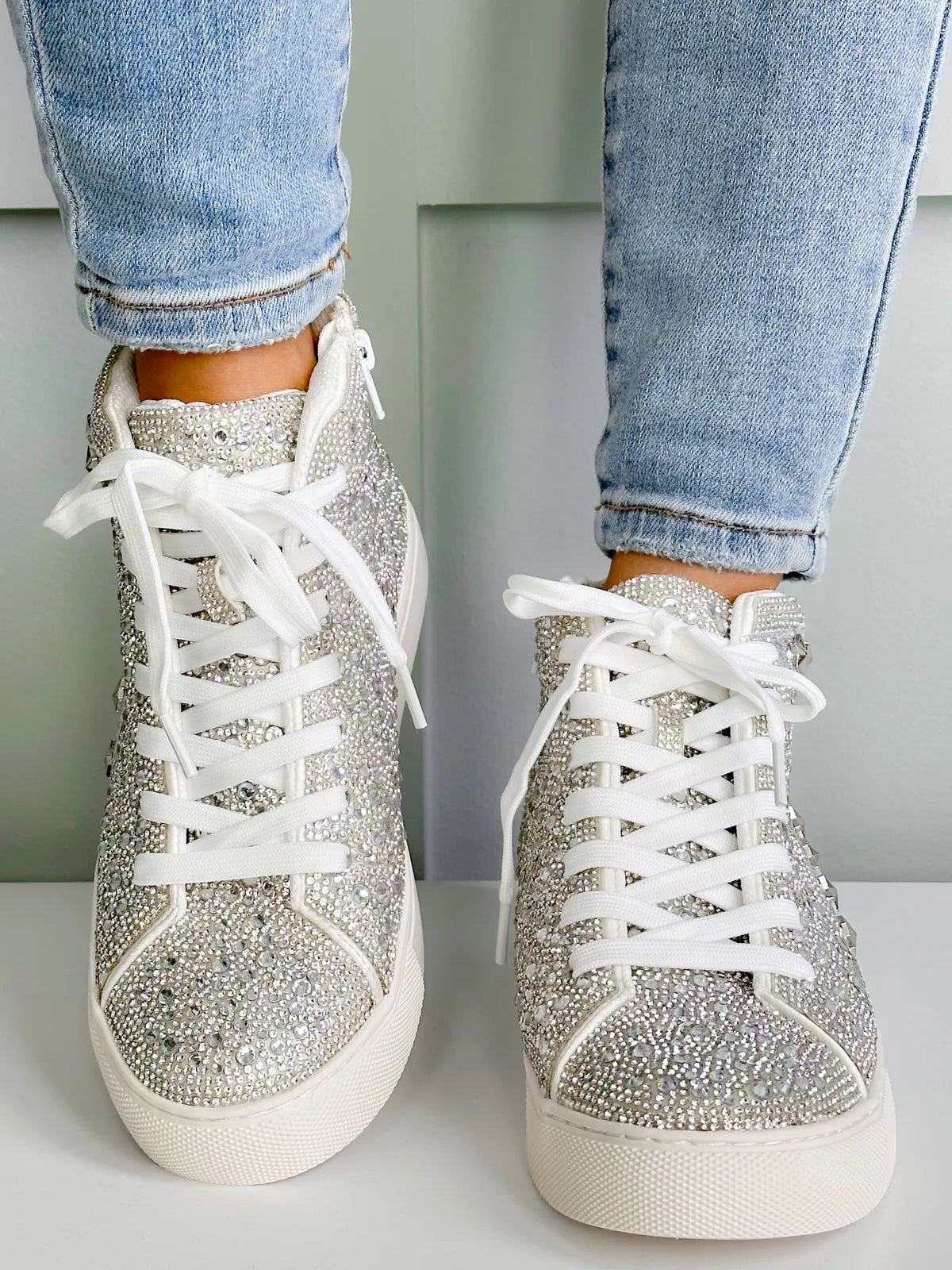 Flashy High Top Sneaker - CLEAR RHINESTONE