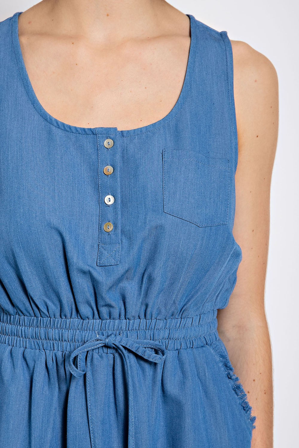 Frayed Hem Drawstring Waist Dress - DENIM