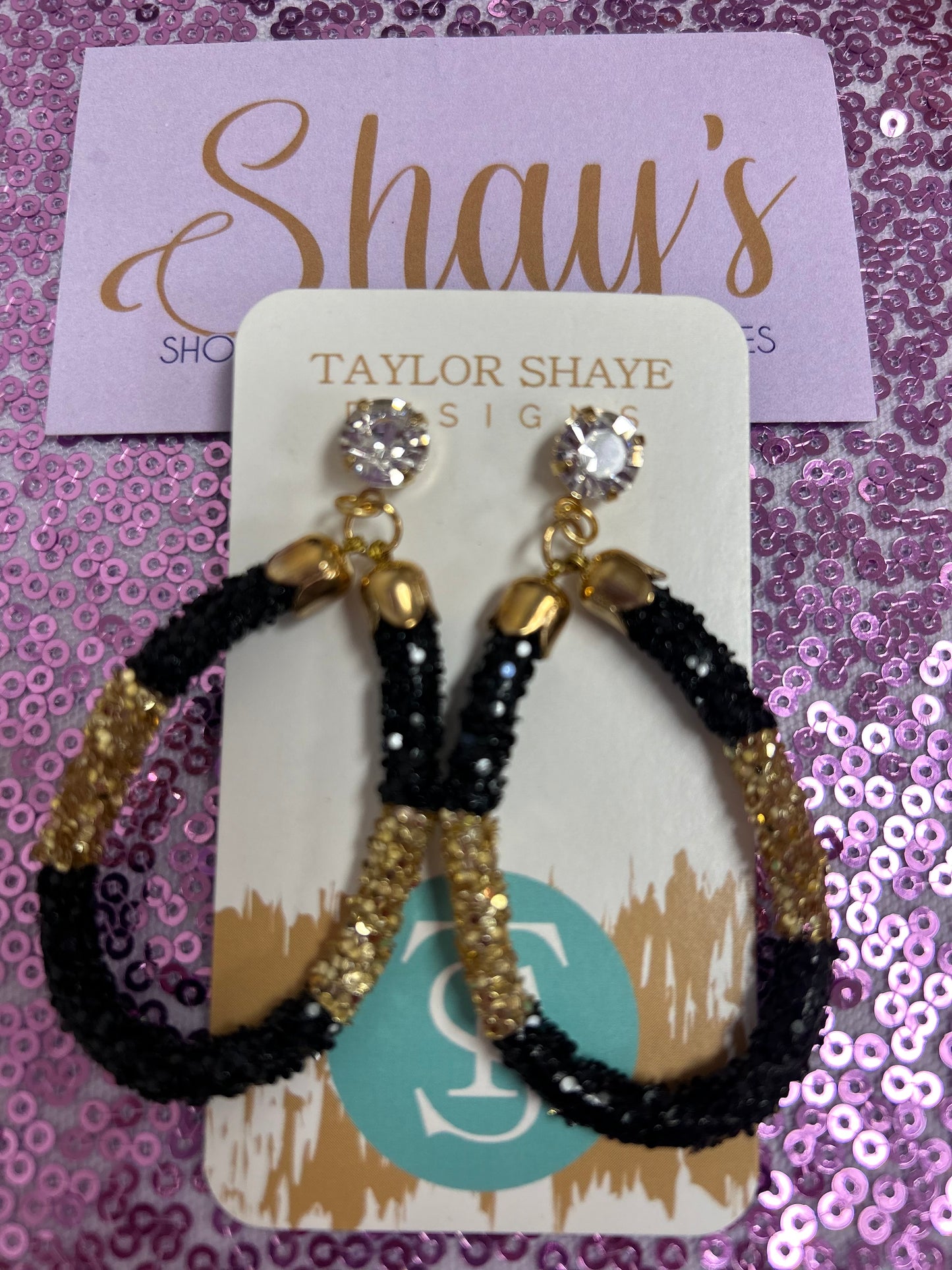 Taylor Shaye Black & Gold Glitter Hoops