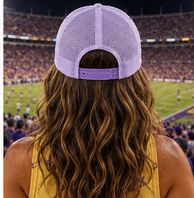 Tigers Louisiana Pearl Purple and Gold Sequin Trucker Hat
