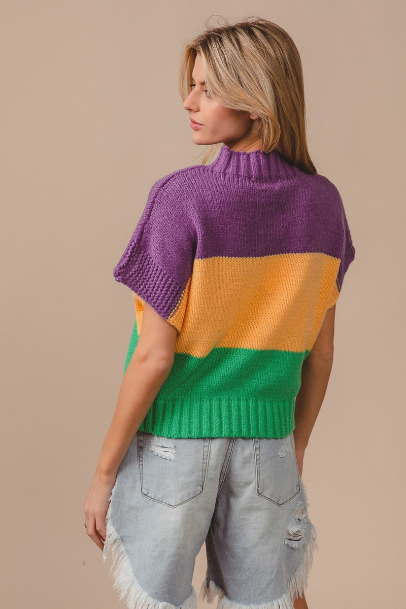 MARDI GRAS COLOR BLOCK DROP SHOULDER SWEATER TOP