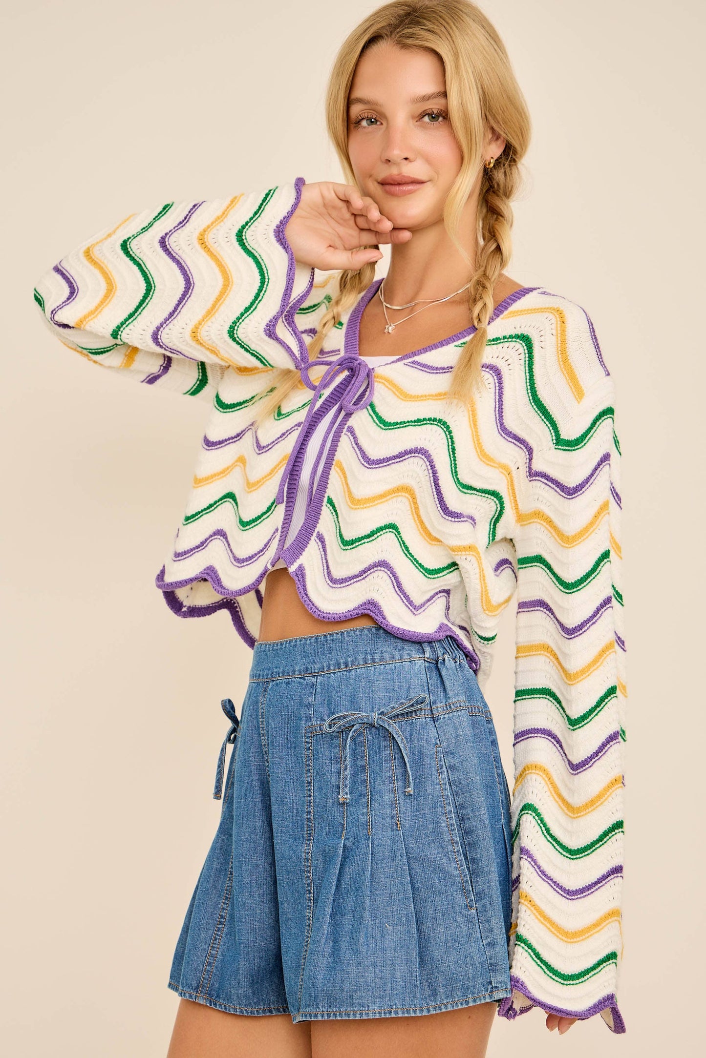 IRIS- Mardi Gras Wave Stripe Tie Cardigan – Festive Knit