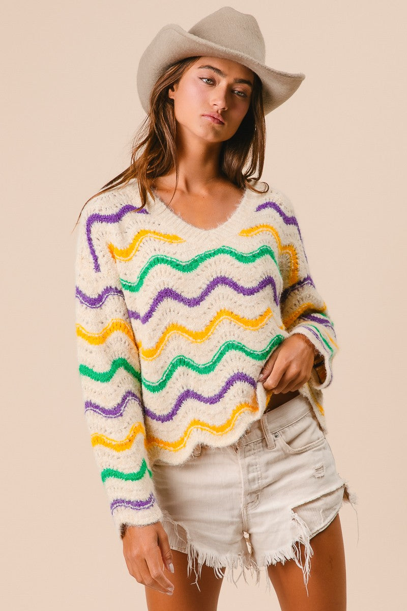 MARDI GRAS WAVY STRIPES V-NECK SWEATER