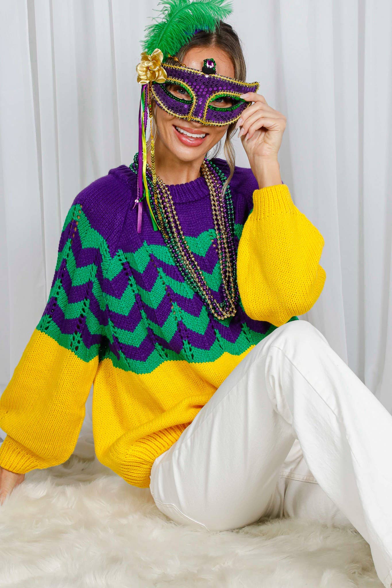 Holiday- Fair Isle Accent Mardi Gras Knitted Sweater