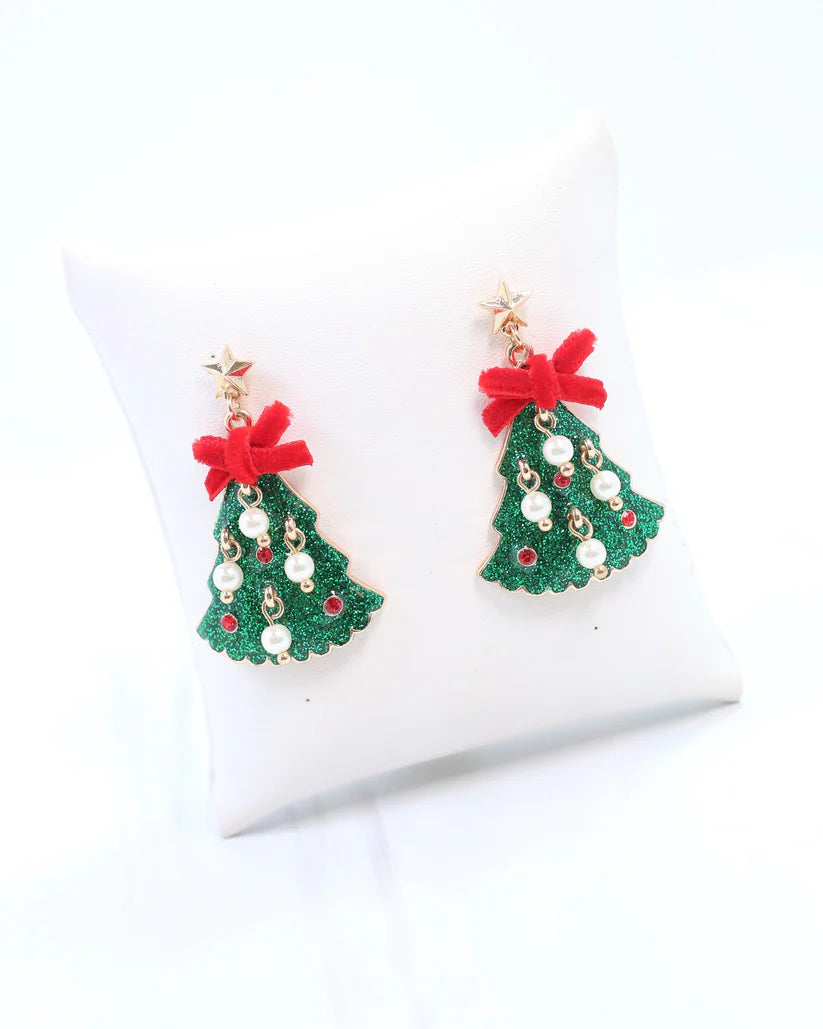 Christmas Tree Earring with Bow and Pearls