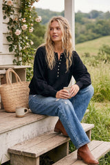 Henley Balloon Sleeve Sweater Top