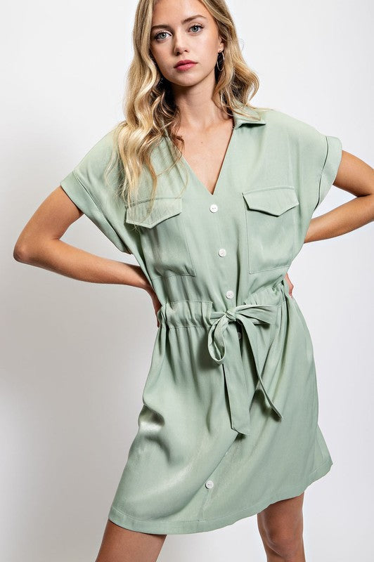 Shirt Dress with Waist Tie - SEAGREEN