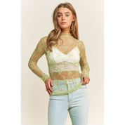 MESH LACE HIGH NECK DESIGN LONG SLEEVE FITTED TOP