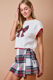 Christmas Sweater w/ Plaid Bow Appliqué