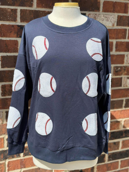 Sequin Baseball Patch French Terry Pullover - NAVY