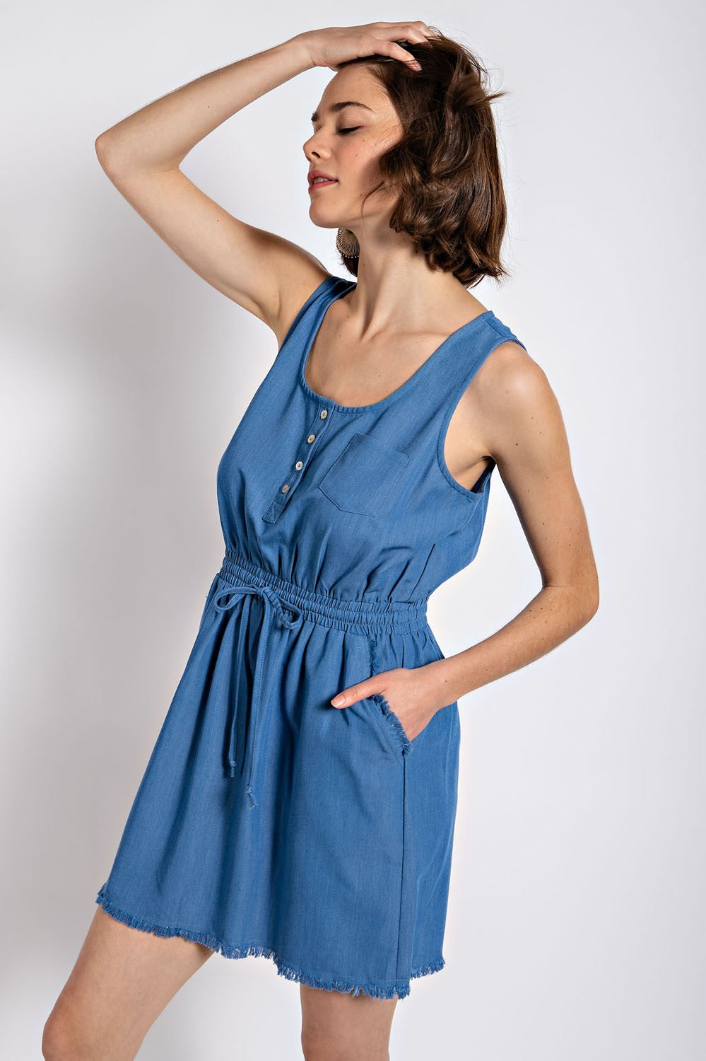 Frayed Hem Drawstring Waist Dress - DENIM