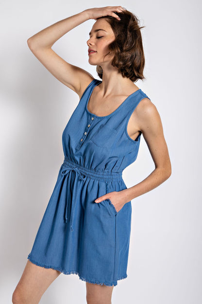 Frayed Hem Drawstring Waist Dress - DENIM