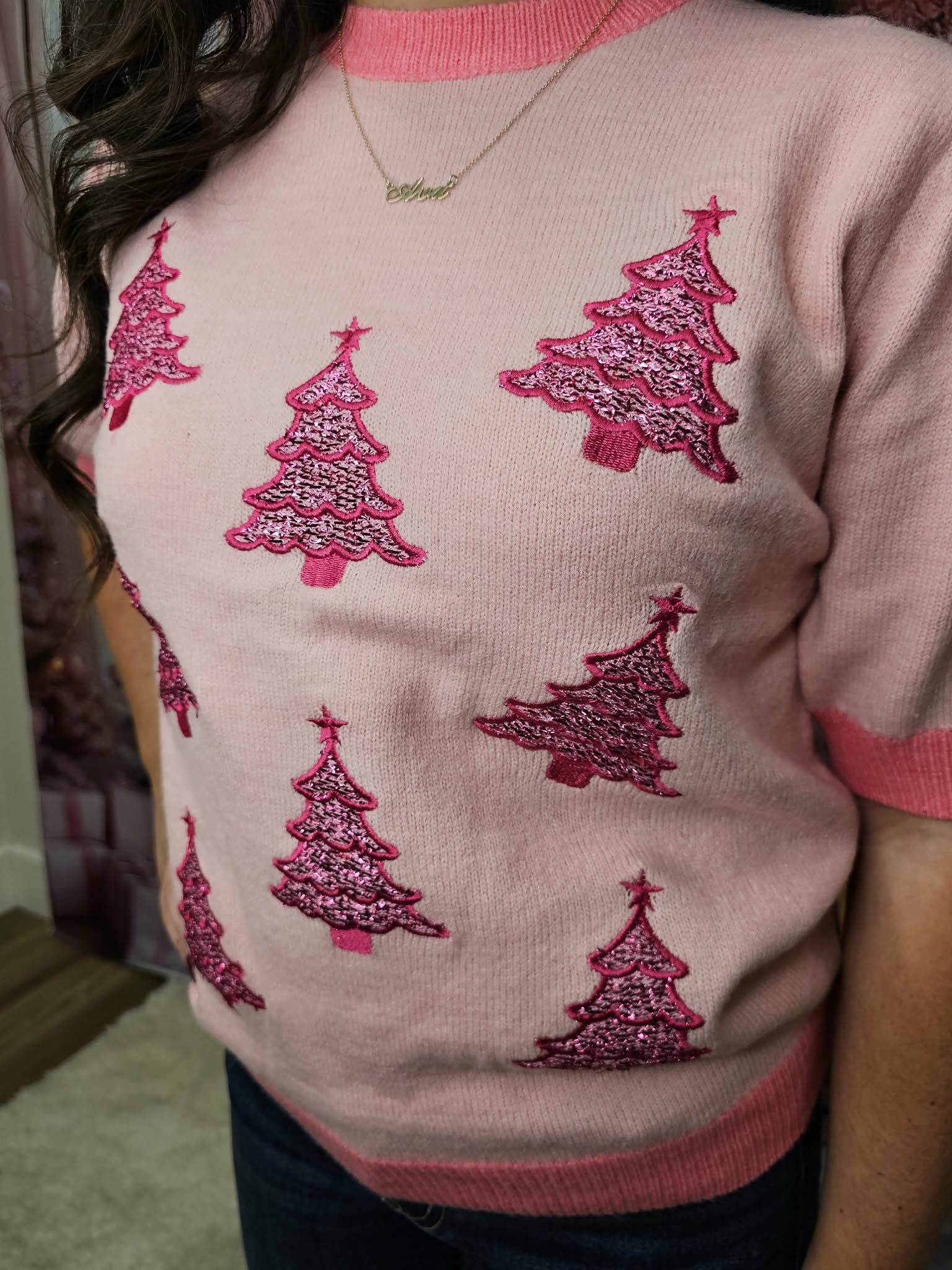 Glitter Trees on Puff Sleeve Knit Top