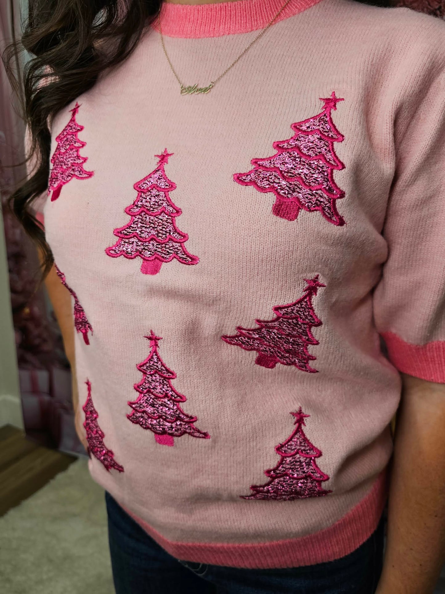 Glitter Trees on Puff Sleeve Knit Top
