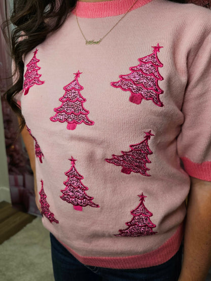 Glitter Trees on Puff Sleeve Knit Top