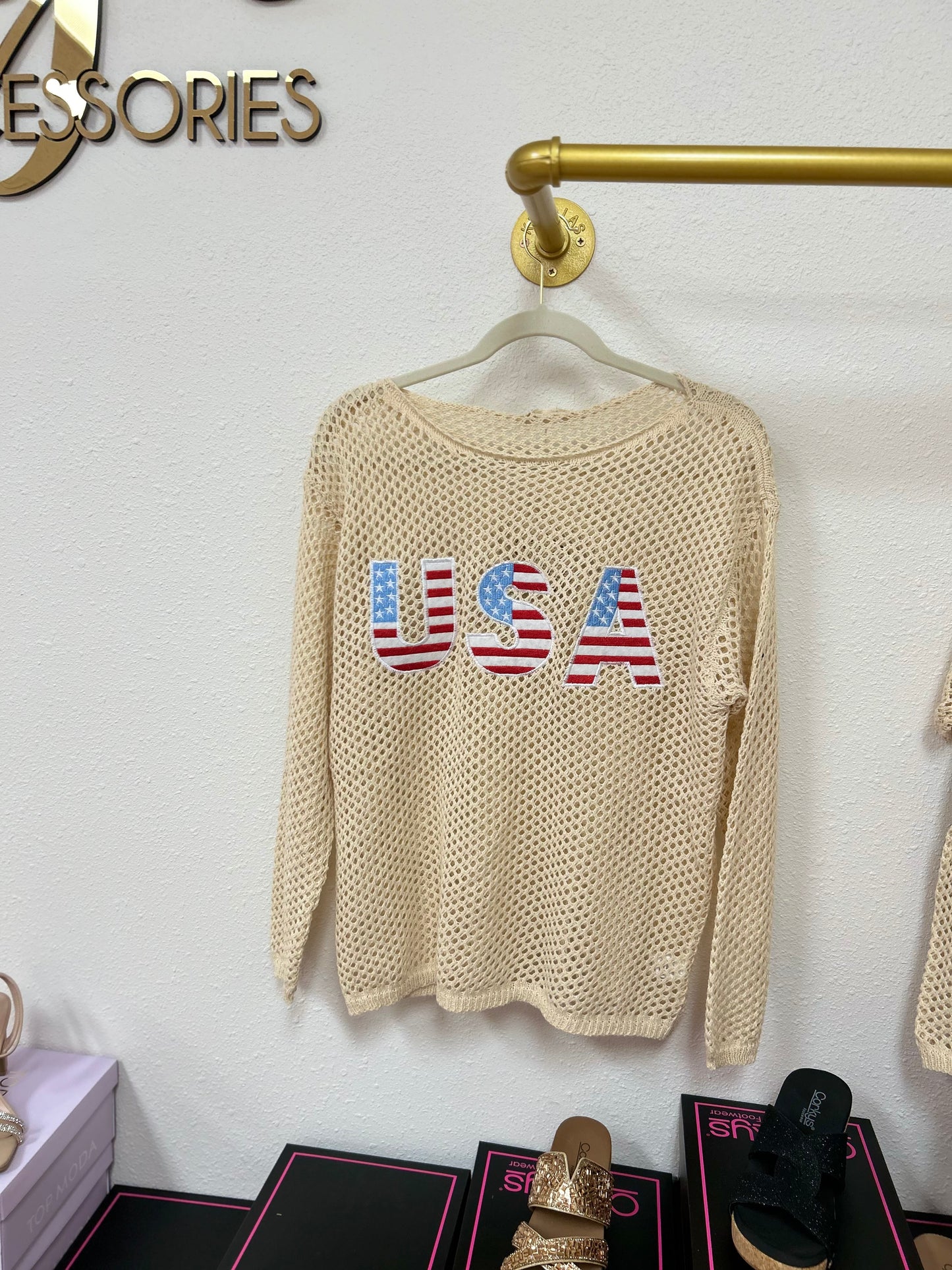 USA Flag Letter Open Knit Top