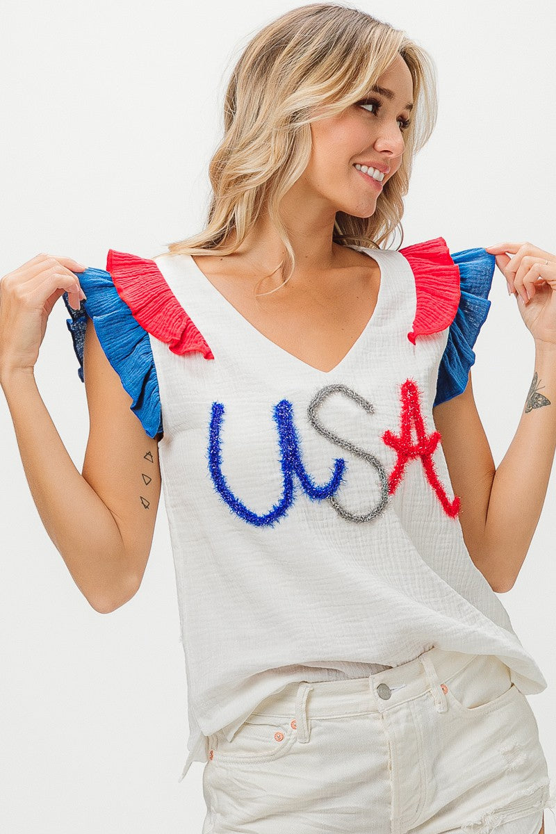 USA Tinsel Flutter Sleeve Top