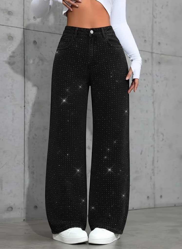 Shiny Rhinestone Wide-Leg Jeans