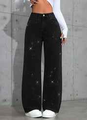 Shiny Rhinestone Wide-Leg Jeans