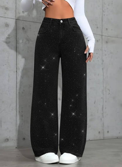 Shiny Rhinestone Wide-Leg Jeans