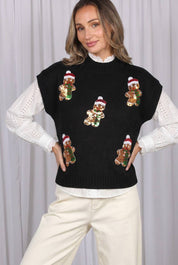 Charming Gingerbread Sequined Accent Sweater Vest