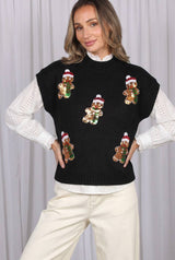 Charming Gingerbread Sequined Accent Sweater Vest