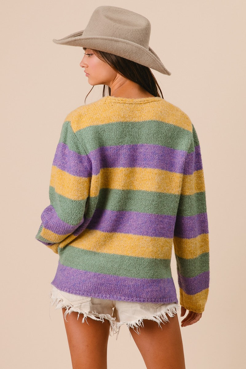 MARDI GRAS STRIPES V-Neck SWEATER