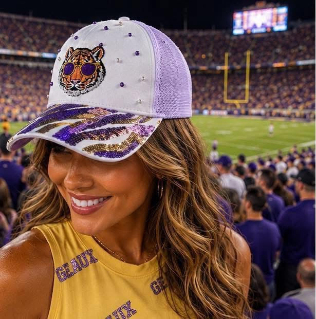 Tigers Louisiana Pearl Purple and Gold Sequin Trucker Hat