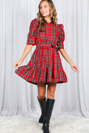 Plaid Short Puff Sleeve Mini Dress