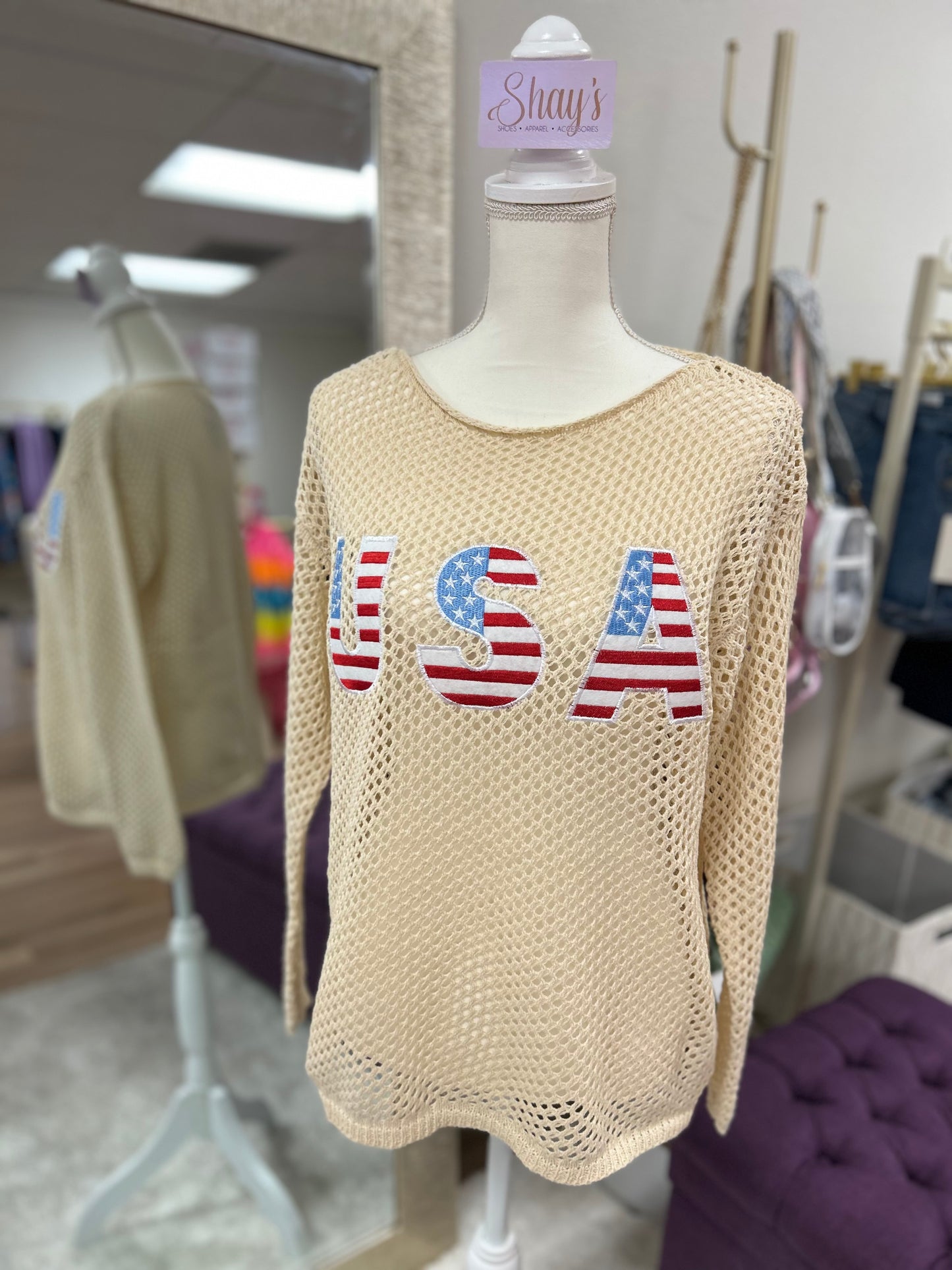 USA Flag Letter Open Knit Top