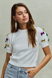 Mardi Gras Glitter Ribbon Puff Sleeve Top