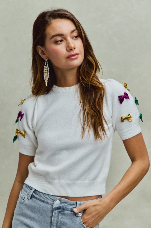 Mardi Gras Glitter Ribbon Puff Sleeve Top