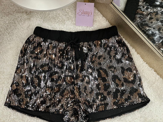 Metallic Brown Leopard Sequin Drawstring Shorts