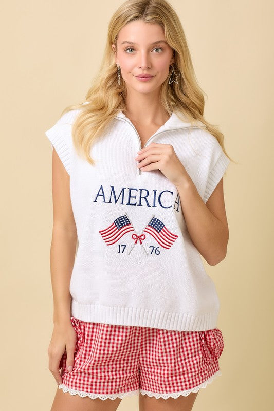 Half Zip American Flag Sleeveless Sweater Top