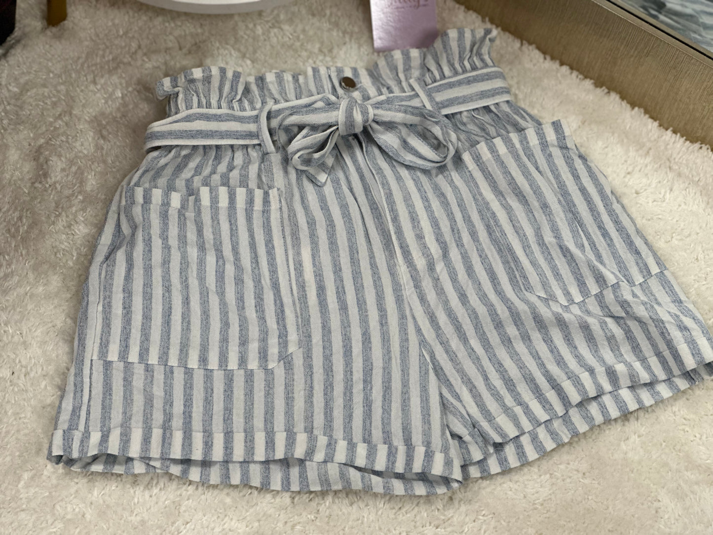 Striped Cotton Elastic Shorts - Blue