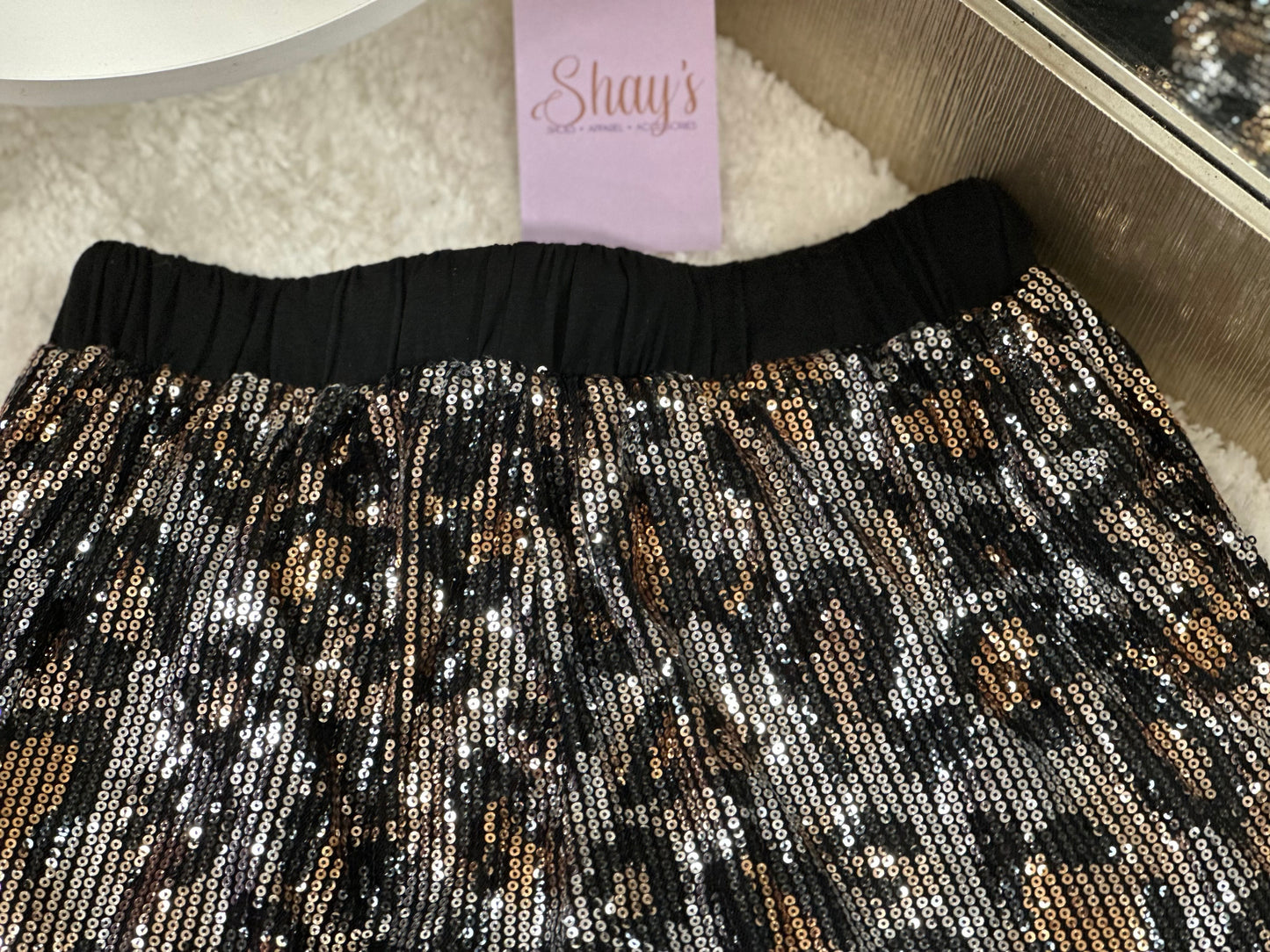 Metallic Brown Leopard Sequin Drawstring Shorts